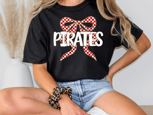 Pirates Red And White Checkered Bow Graphic T-Shirt