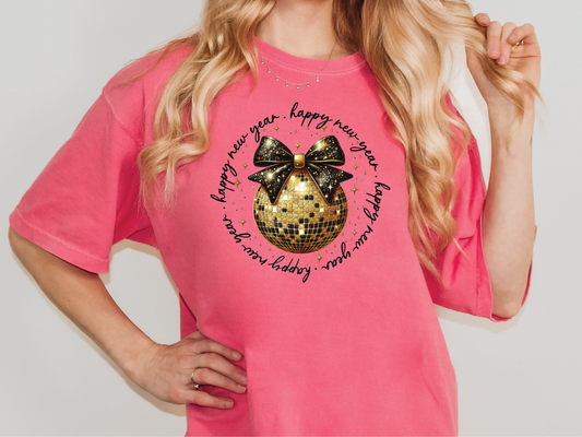 Happy New Year Gold Black Disco Coquette Ball Graphic T-Shirt