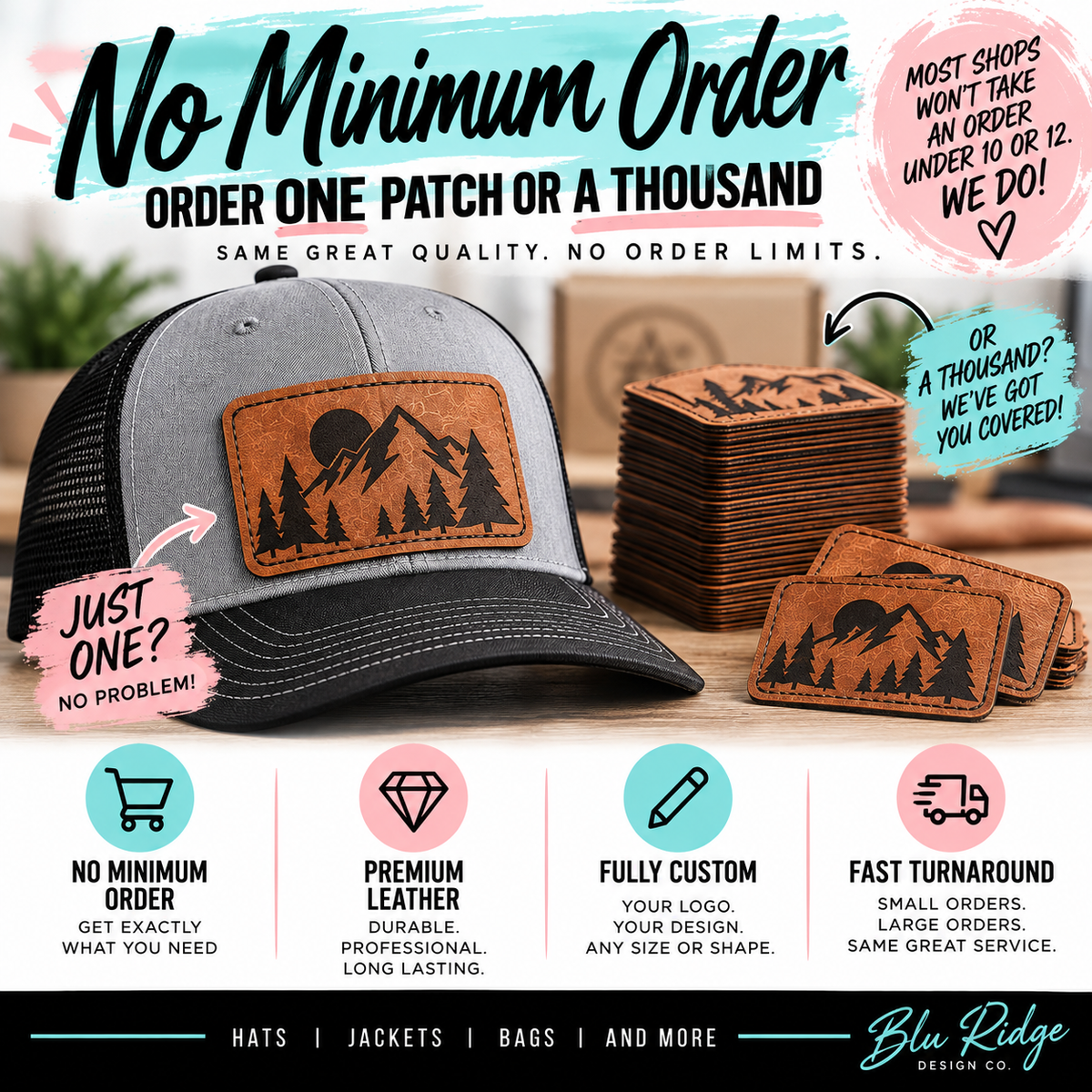 No minimum order on custom leather patches, order one patch or a thousand