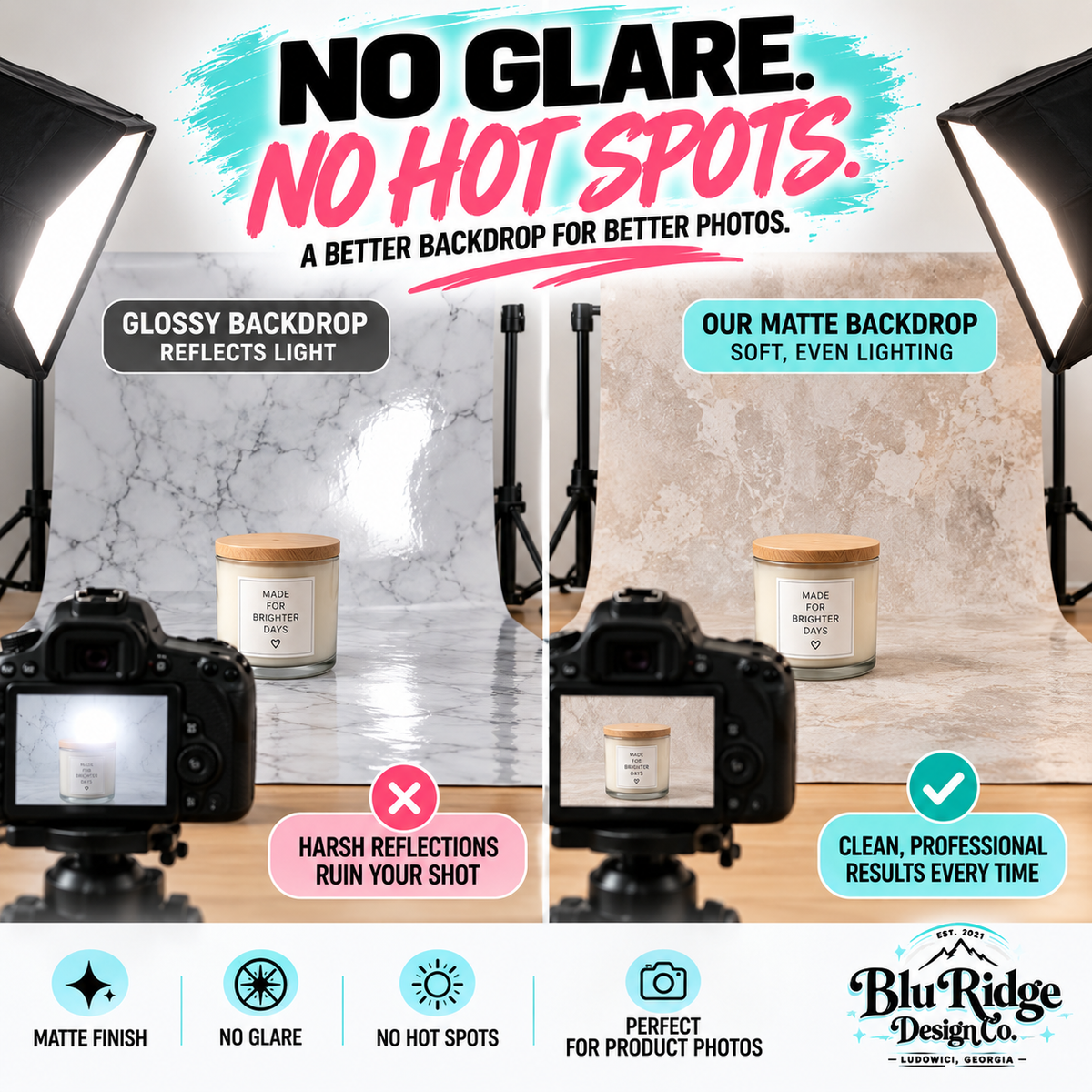 Matte backdrop compared with a glossy one, showing no glare or hot spots under studio lights