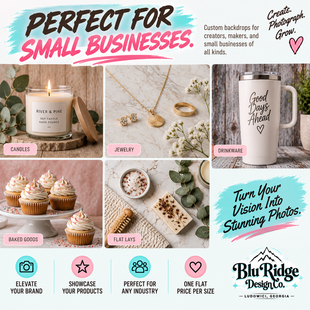Product photos taken on custom backdrops: candles, jewelry, drinkware, baked goods and flat lays