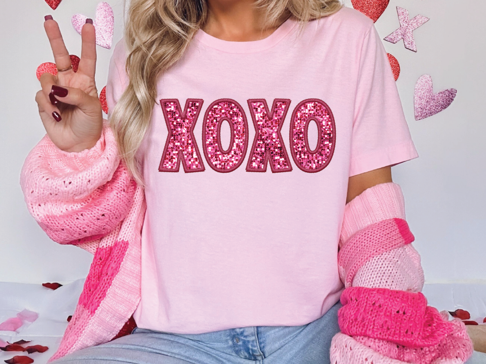 XOXO Dark Pink Sparkles Valentines Day Graphic T-Shirt