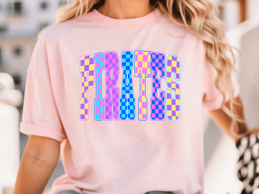 Neon Checkered Pirates Mascot Graphic T-Shirt