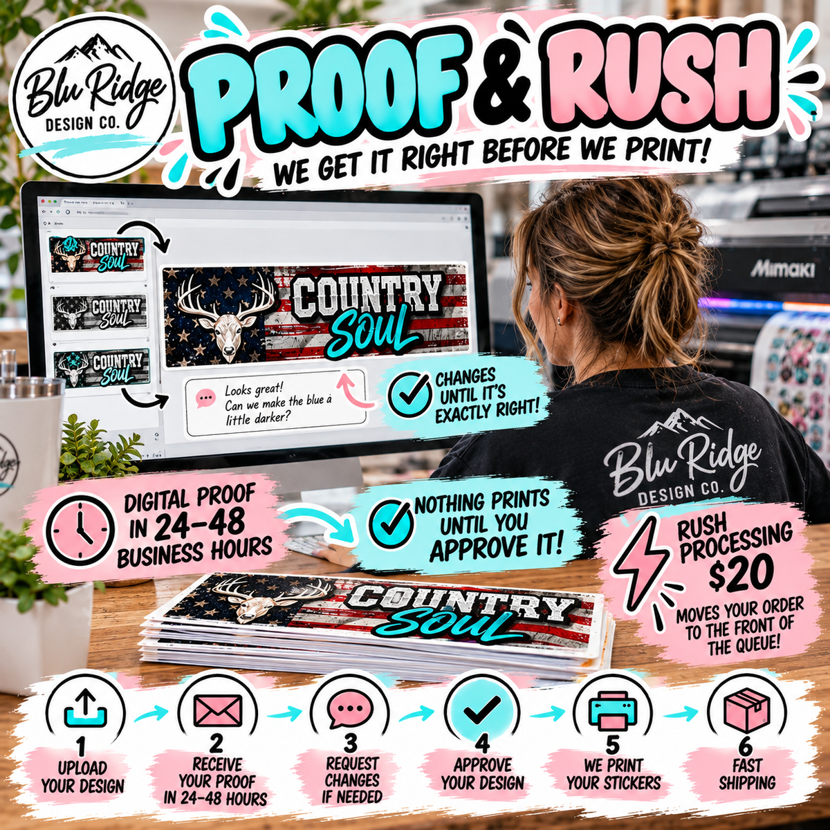 Digital proof for custom bumper stickers in 24 to 48 business hours, with rush processing available for 20 dollars