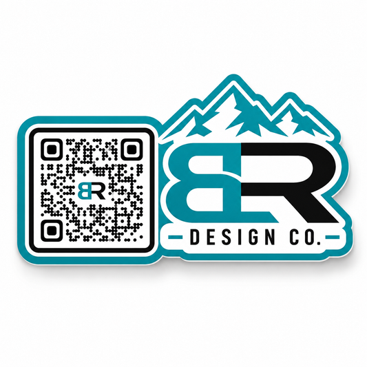Custom QR code sticker, die cut to shape, with the QR code built into the logo design