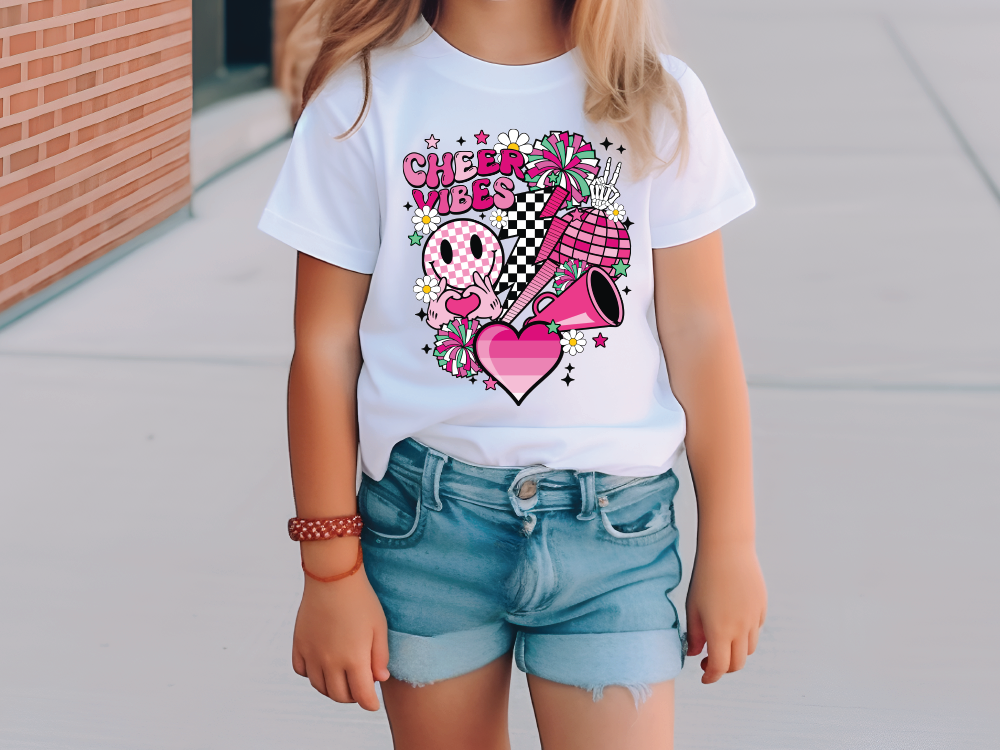 Pink Smiley Cheer Vibes Graphic T-Shirt