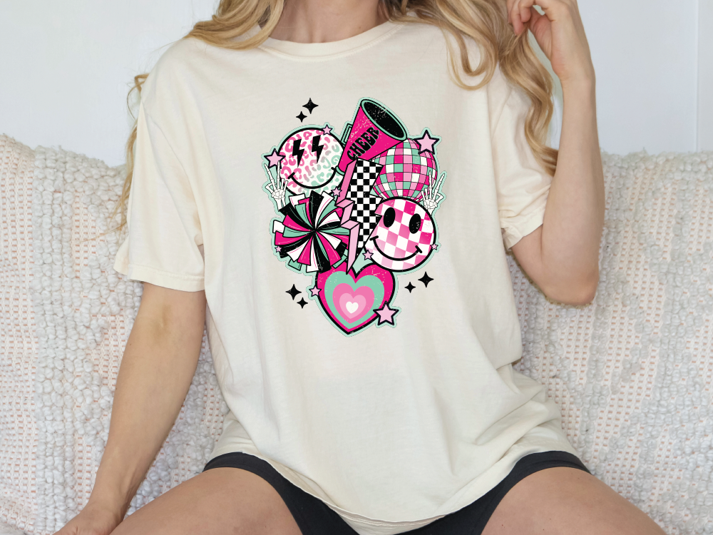 Pink Cheer Smiley Collage Graphic T-Shirt