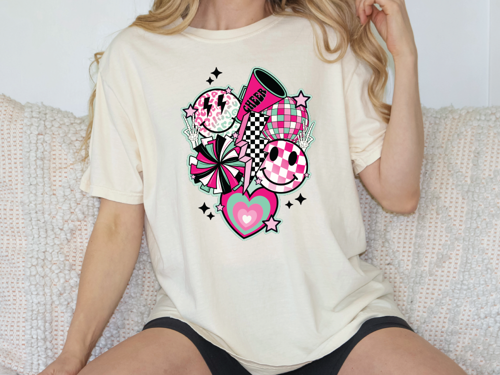 Pink Cheer Smiley Collage Graphic T-Shirt