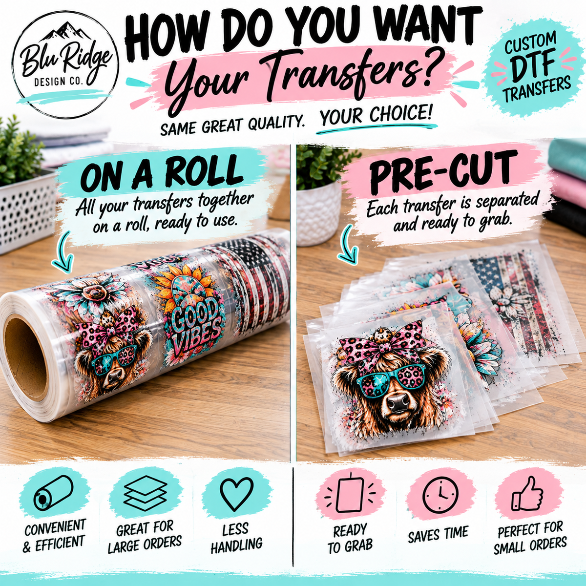 Custom DTF transfers delivered together on a roll, or pre-cut so each transfer is separated and ready to grab