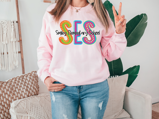 Smiley Elementary School SES Initials Blue Tide School Spirit Neon Letters Graphic T-Shirt