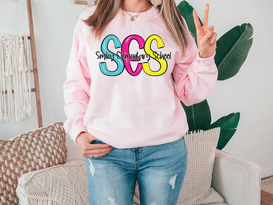 Smiley Elementary School SES Initials Blue Tide School Spirit Bright Letters Graphic T-Shirt