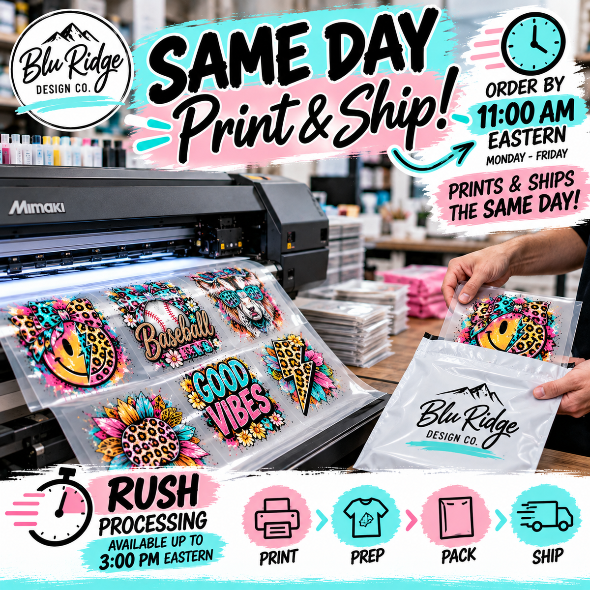 Custom DTF transfers print and ship the same day when ordered by 11 AM Eastern, with rush available to 3 PM