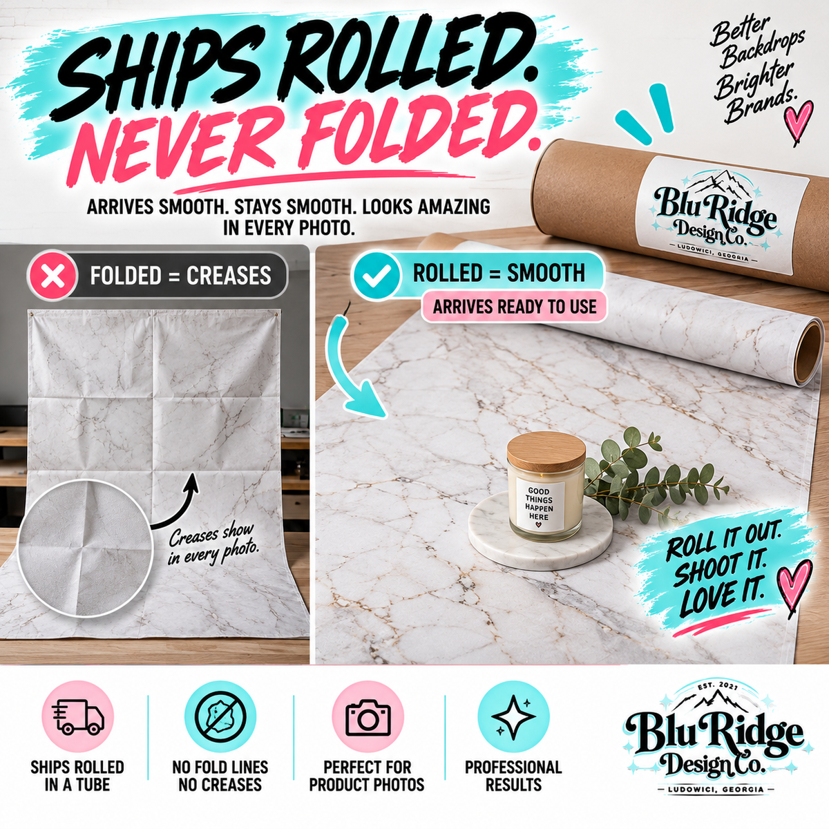 Backdrops ship rolled in a tube, never folded, so they arrive without creases