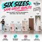 Backdrop size guide, 2x2 2x3 3x3 3x4 3x5 and 3x6 feet shown to scale against a person