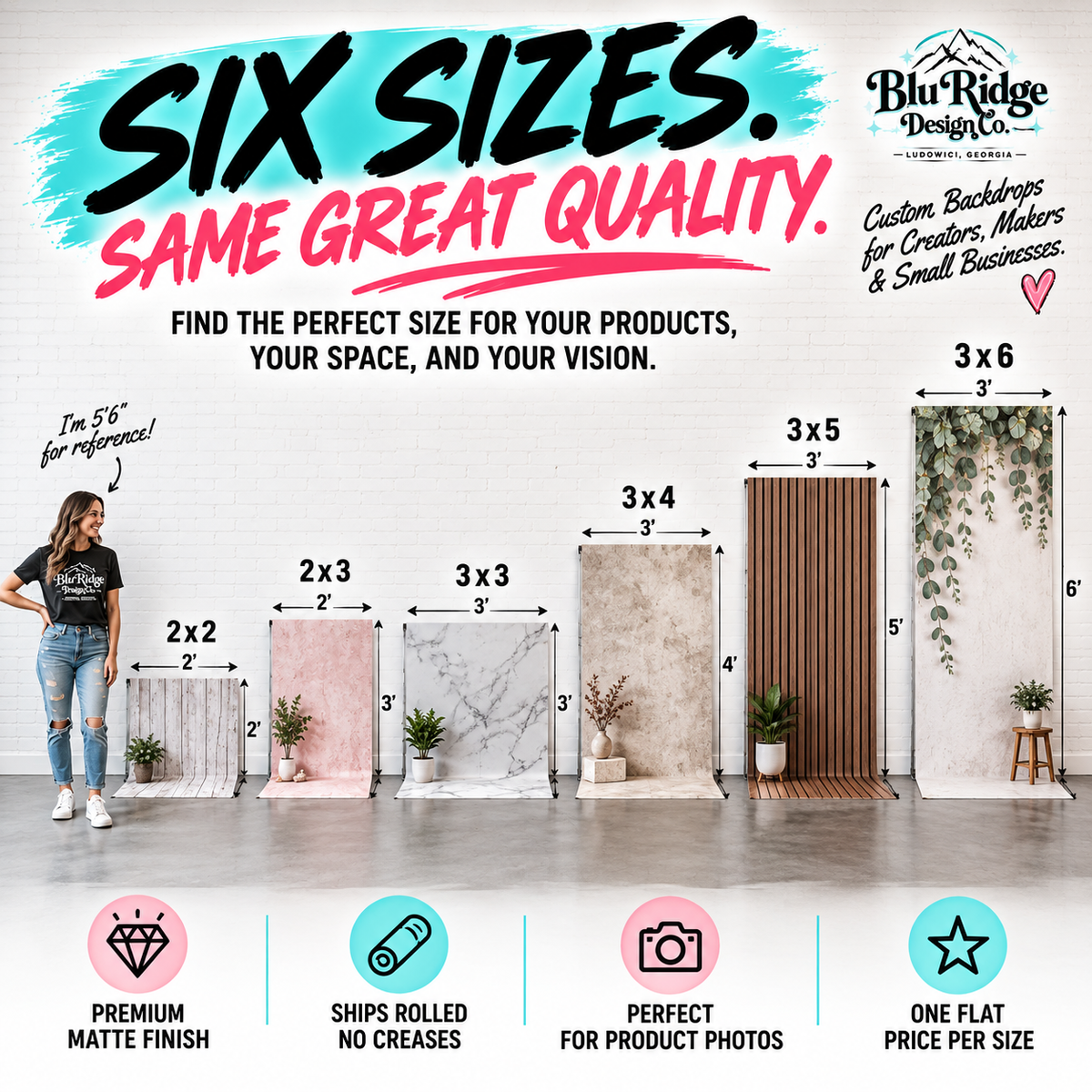 Backdrop size guide, 2x2 2x3 3x3 3x4 3x5 and 3x6 feet shown to scale against a person