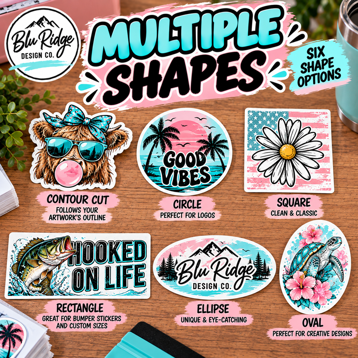 Six bumper sticker shape options: contour cut, circle, square, rectangle, ellipse and oval