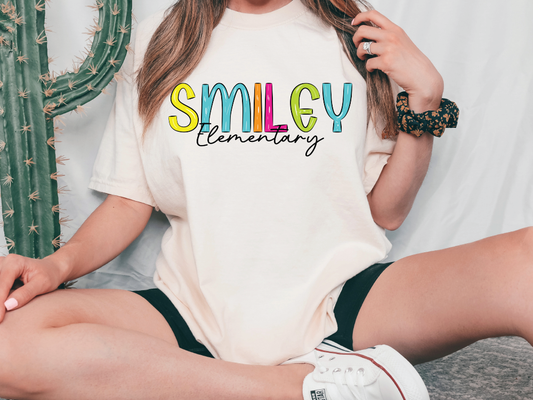 Smiley Elementary School Blue Tide School Spirit Bright Letters Graphic T-Shirt