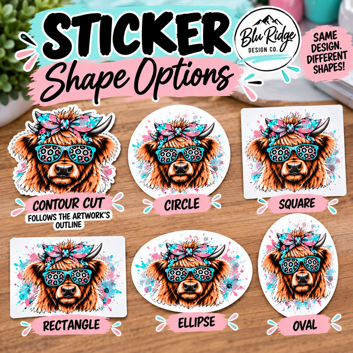 Six sticker shape options for custom vinyl stickers: contour cut, circle, square, rectangle, ellipse and oval