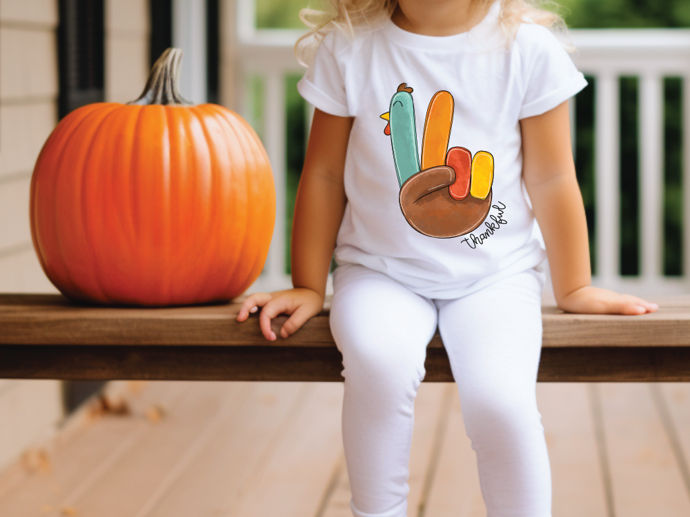 Thankful Peace Hand Colorful Turkey Graphic T-Shirt