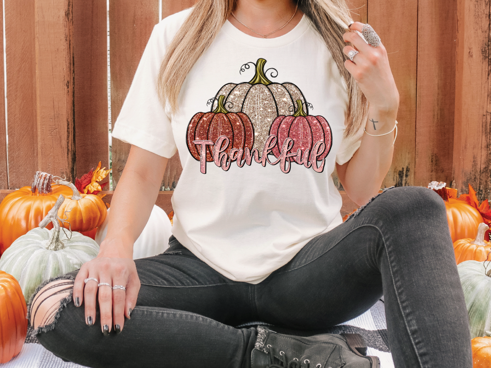 Thankful Glitter Pumpkins Graphic T-Shirt