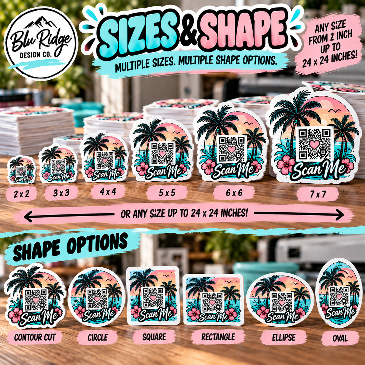 QR code sticker sizes from 2 by 2 to 7 by 7 inches, or any size from 2 inches up to 24 by 24, in six shapes