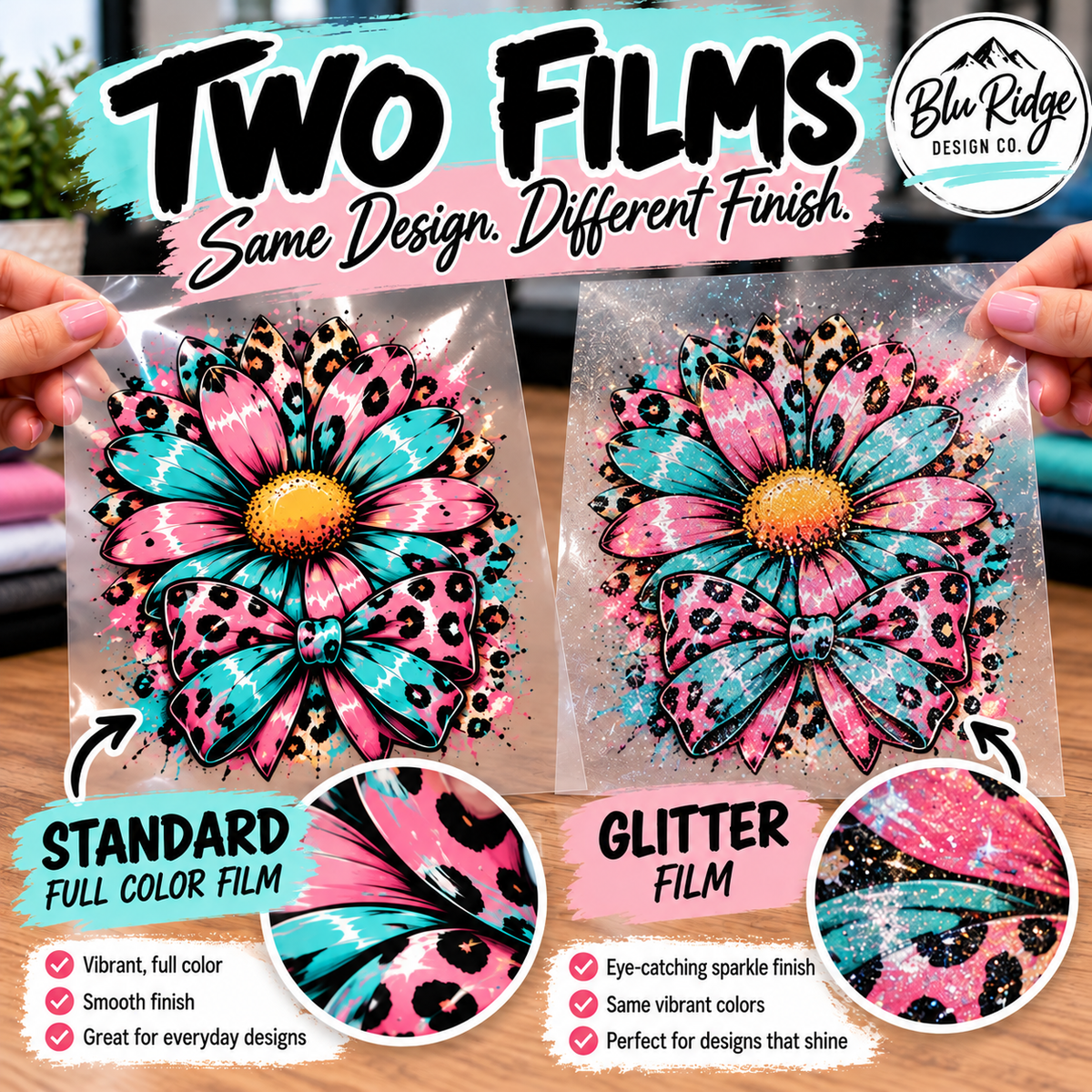 The same DTF design printed on standard full color film and on glitter film, showing the difference in finish