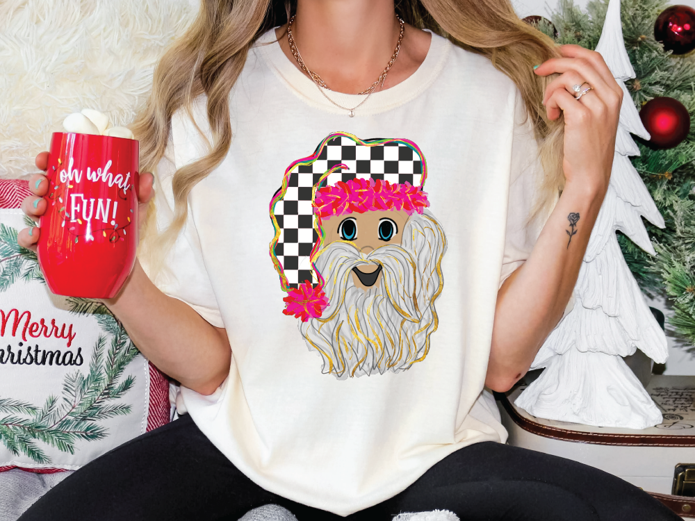 Checkered Santa Watercolor Graphic T-Shirt