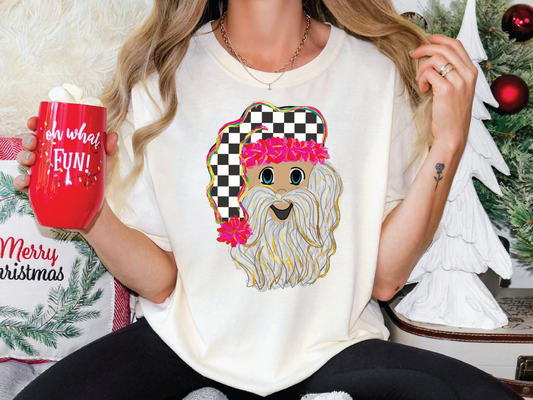 Checkered Santa Watercolor Graphic T-Shirt