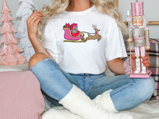 Pink Santa Sleigh Reindeer Graphic T-Shirt