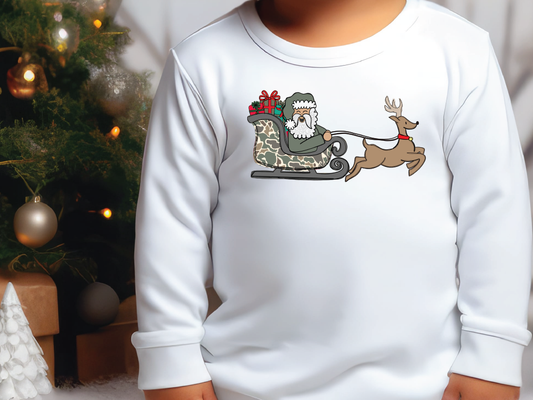 Camo Santa Sleigh Reindeer Graphic T-Shirt