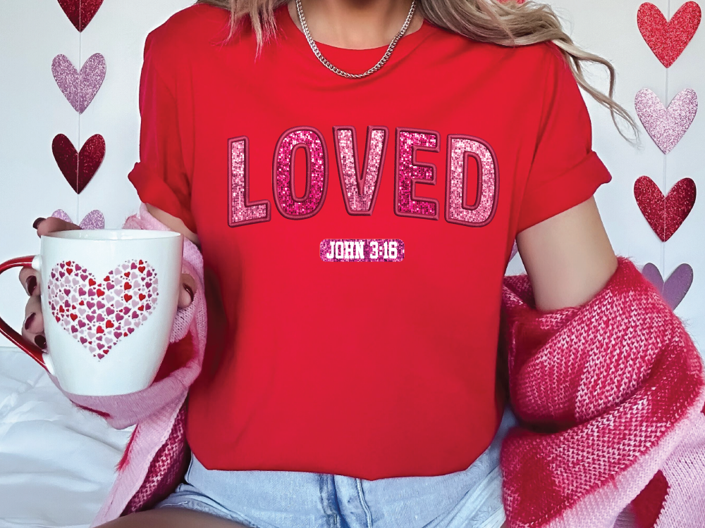 LOVED John 3:16 Valentines Day Pink Glitter Graphic T-Shirt