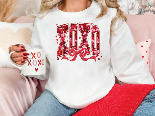 XOXO Coquette Faux Glitter Sequins Valentines Day Graphic T-Shirt