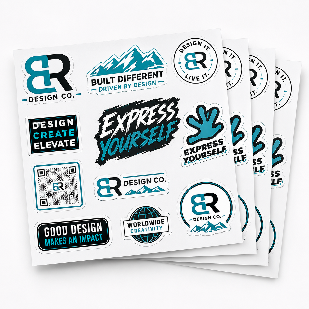 Custom vinyl sticker sheet with multiple die cut stickers arranged on one 52 inch wide sheet
