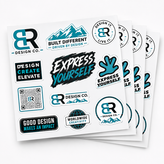 Custom vinyl sticker sheet with multiple die cut stickers arranged on one 52 inch wide sheet