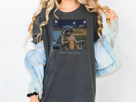 I Live Here Now Racoon Ballfield Baseball Mama Graphic T-Shirt