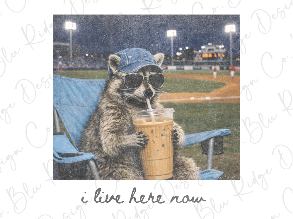 I Live Here Now Racoon Ballfield Baseball Mama Graphic T-Shirt