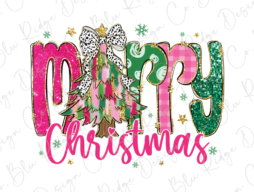 Merry Christmas Tree Dalmatian Bow Graphic T-Shirt