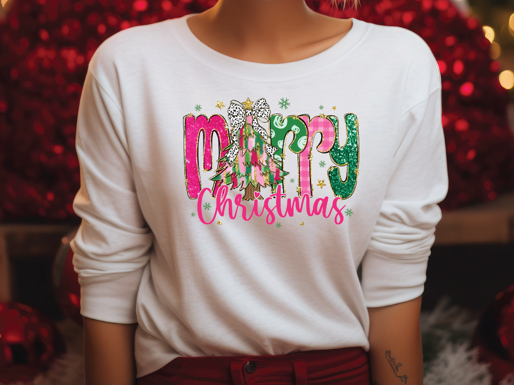 Merry Christmas Tree Dalmatian Bow Graphic T-Shirt