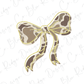 A bow with a camouflage pattern is shown against a white background with repeated cursive text.