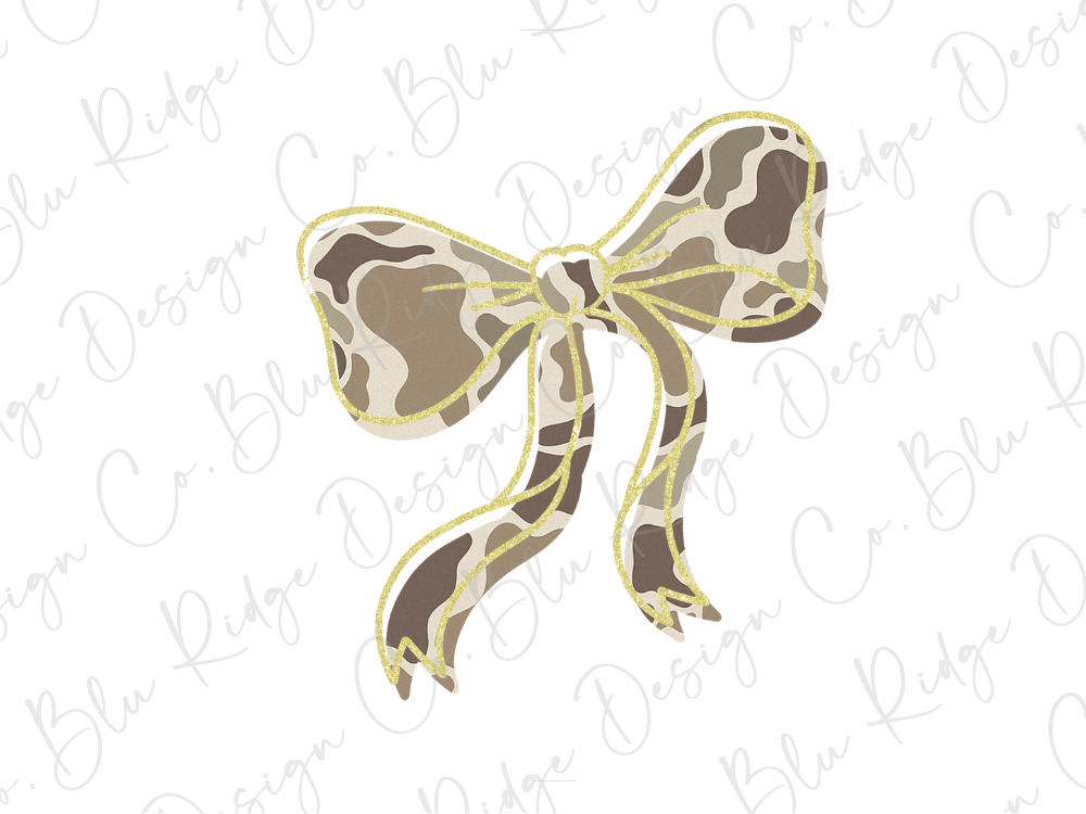 A bow with a camouflage pattern is shown against a white background with repeated cursive text.