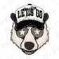 A cartoon panda wearing a hat with the text "LET'S GO" and sunglasses with stars on them.