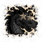 A stylized illustration of a dragon head with two star-shaped eyes, surrounded by a pattern of black and brown spots.