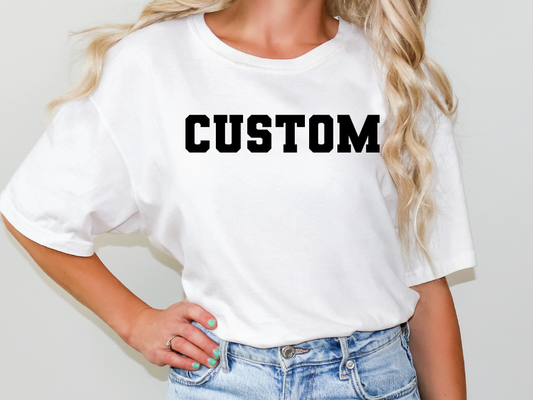 a woman wearing a white shirt with the word custom on it