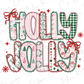 a festive and colorful design with the text "HOLY JOLY" prominently displayed. The design includes various decorative elements such as bows, snowflakes, and Christmas trees, creating a cheerful and holiday-themed composition.