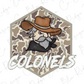 A cartoon-style illustration of a man wearing a cowboy hat and a bandana, with the word "COLONELS" written below the image.