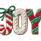 a creative and festive design made up of various text elements, including the word "Joy" made up of yarn and a candy cane-like structure.
