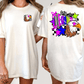 A white t-shirt with a graphic design on the back, featuring an eagle and colorful stars.