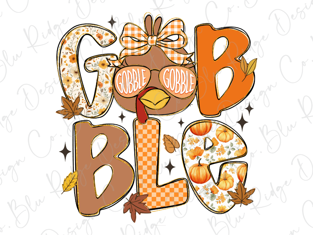 The image is a collage of various Thanksgiving-themed elements, including a turkey, a bow, leaves, pumpkins, and the word "GOBBLE" in a stylized font.