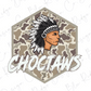A stylized illustration of a Native American headdress with the word "CHOCTAWKS" written below it, set against a camouflage pattern.