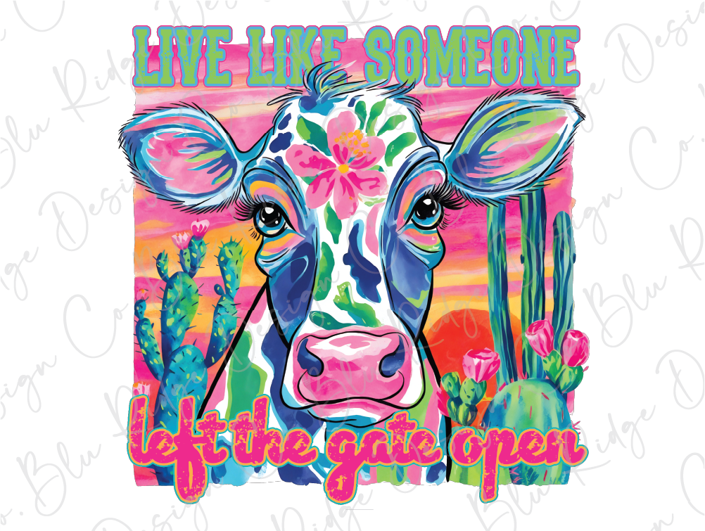 a cow with flowers on it's face and the words live like someone left